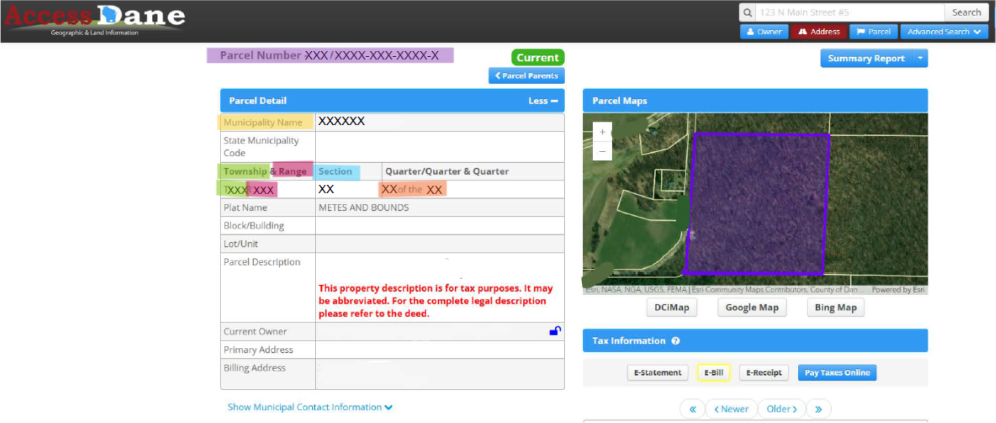 Screen capture of Access Dane parcel search, with key information highlighted.